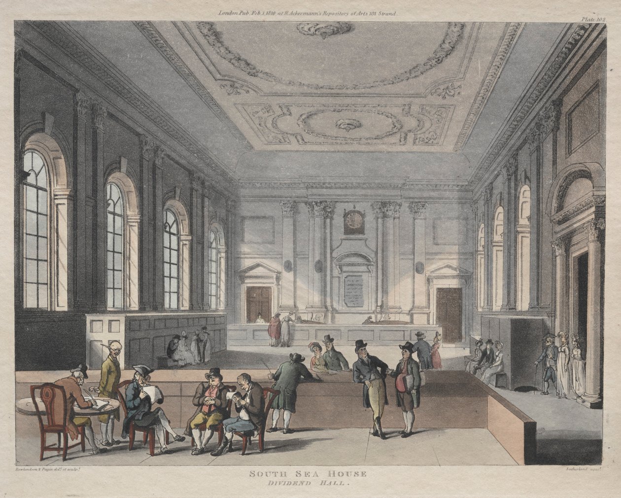 Dom nad Morzem Południowym, sala dywidendowa, 1810 r. autorstwa Thomas Rowlandson