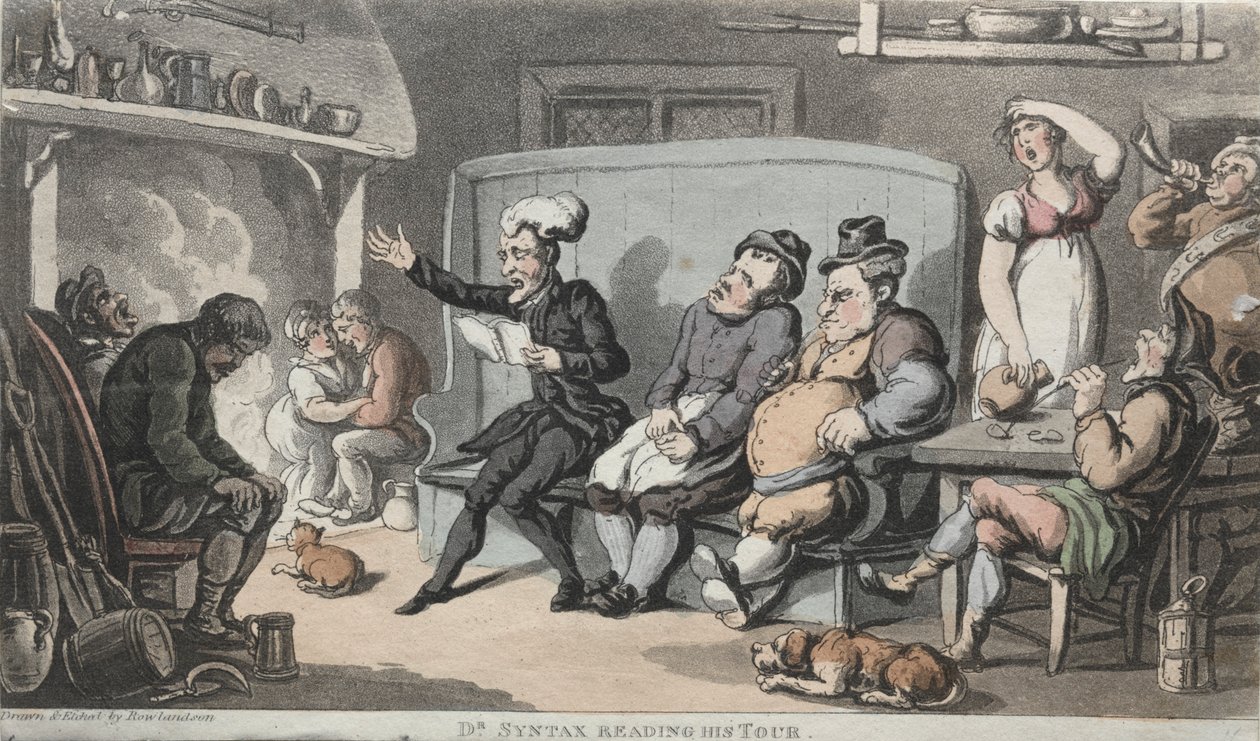 Wielebny dr Syntax czyta swoją wycieczkę. autorstwa Thomas Rowlandson