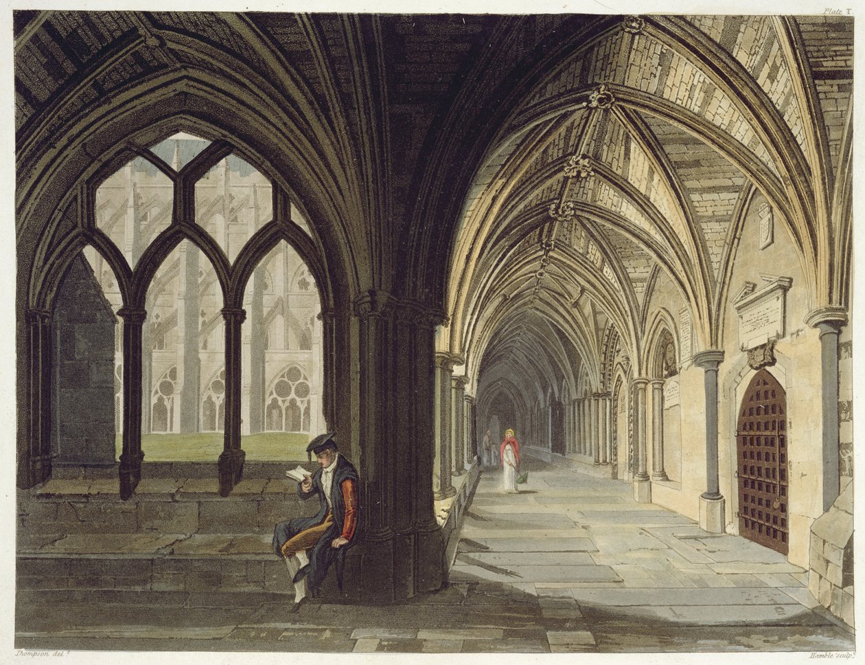 South East Angle of the Cloisters, tablica T z Opactwa Westminsterskiego, ryt. J.R. Hamble (fl.1775-1825) wyd. Rudolpha Ackermanna (1764-1834) 1812 (akwatinta) autorstwa Thompson