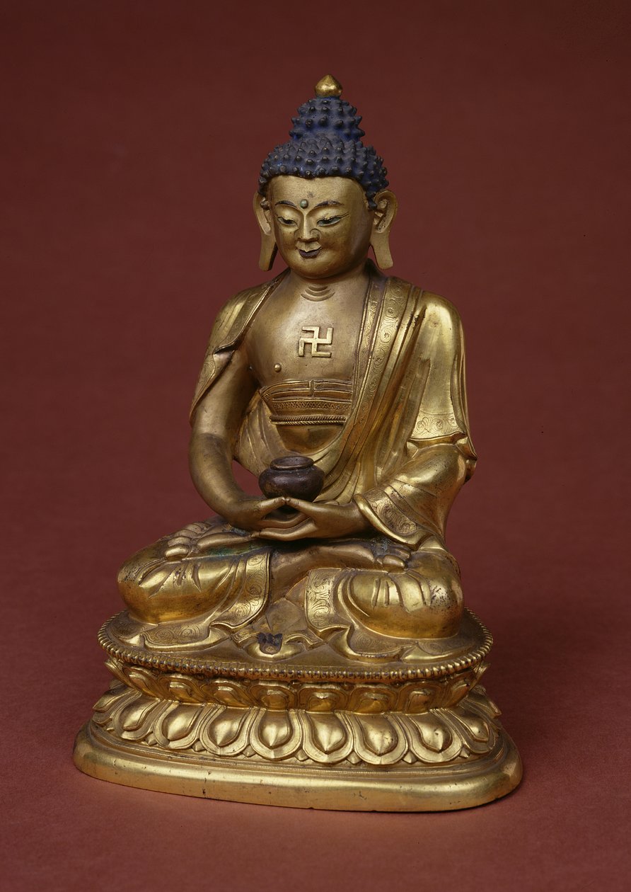 Budda Amitayus siedzący w medytacji trzymający na kolanach wazę z nektarem (amrta) (brąz) autorstwa Tibetan School