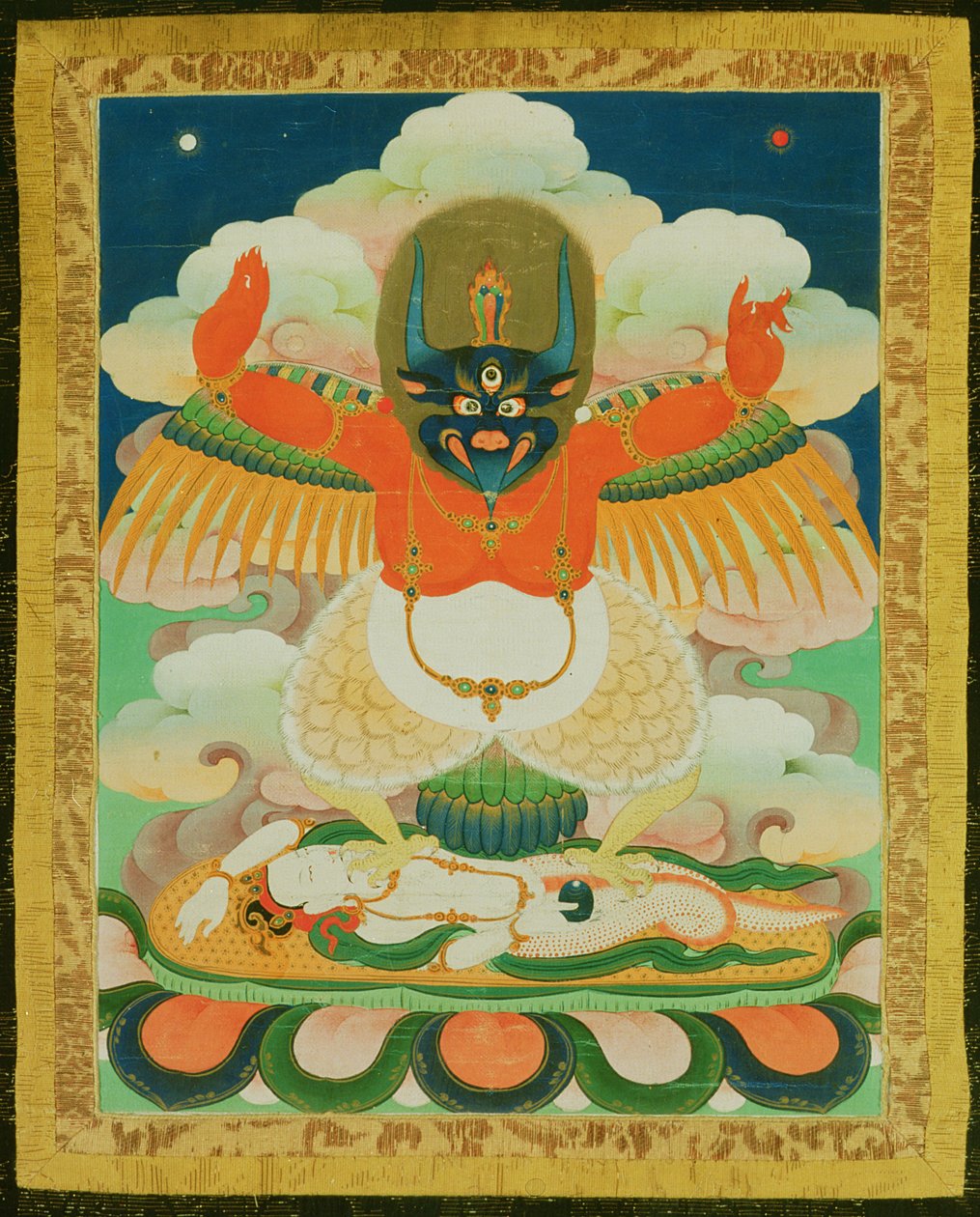 Obraz Thangka przedstawiający Garudy depczącego umierającego nagada (tkanina) autorstwa Tibetan School