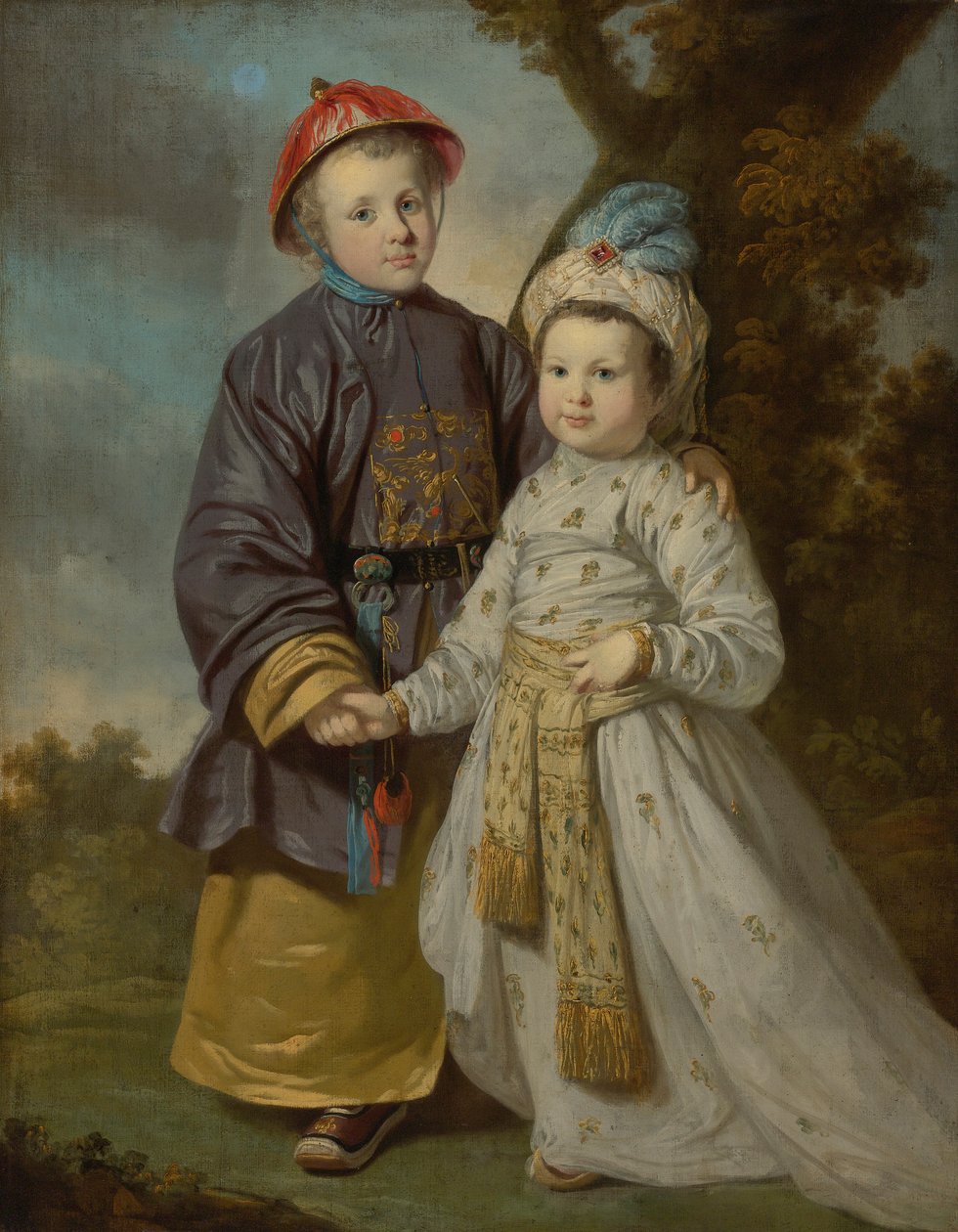 Portret dwojga dzieci w wschodnich strojach autorstwa Tilly Kettle