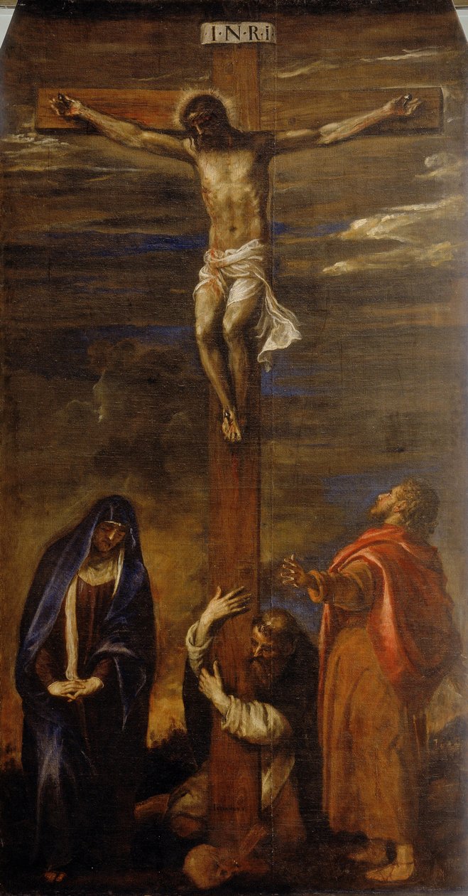 Chrystus na krzyżu z Dziewicą, św. Janem i św. Dominikiem autorstwa Tiziano Vecelli