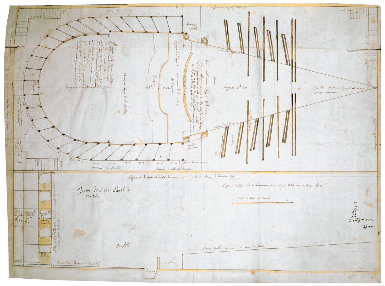 Plan piętra Teatro Santi Giovanni e Paolo w Wenecji, proj. Carlo Fontana, 1654 (tusz w papierze) autorstwa Tomaso Bezzi