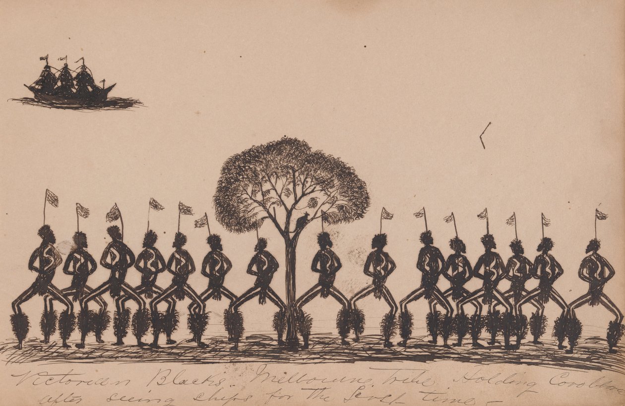 Ludzie Kwatkwat - Victorian Blacks - plemię Melbourne trzymające corroboree po pierwszym zobaczeniu statków-Sketchbo... autorstwa Tommy McRae