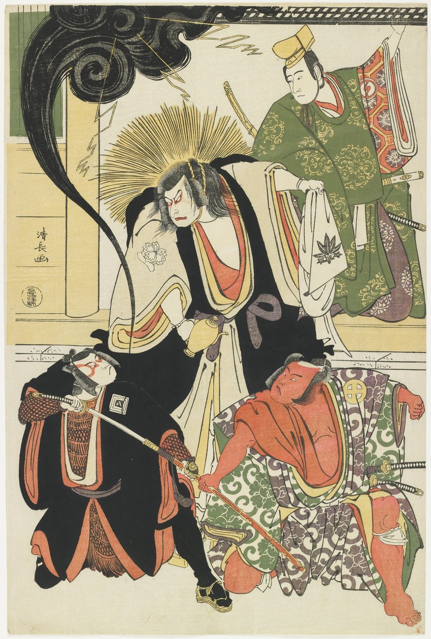 Scene from the AKbuki Play Yukimotsutake furisode Genji, 1785 autorstwa Torii Kiyonaga