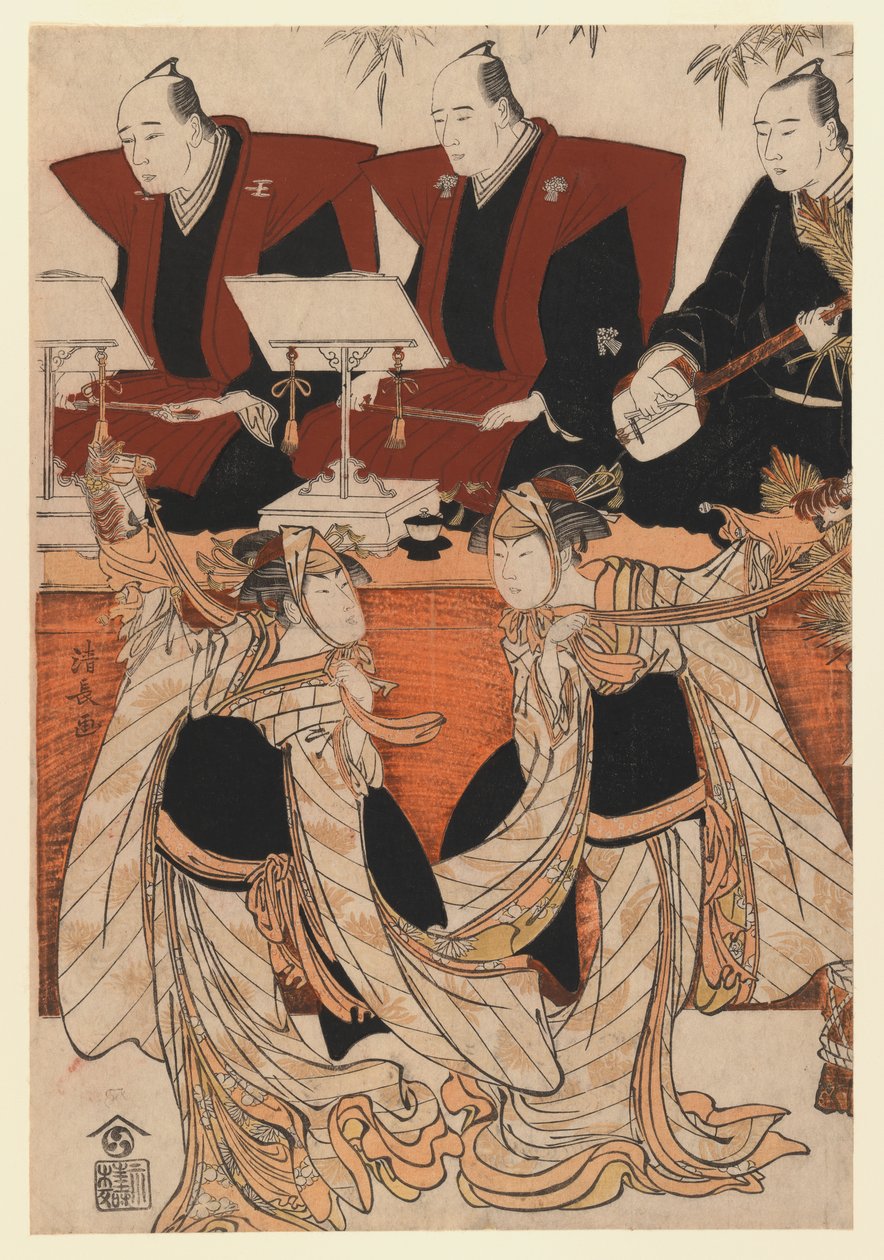 Two actors as Iwai Hanshiro IV and Segawa Kikunojo III in the Karukoma dance, accompanied by Joruri recitation, c.1783 (colour woodblock print) autorstwa Torii Kiyonaga