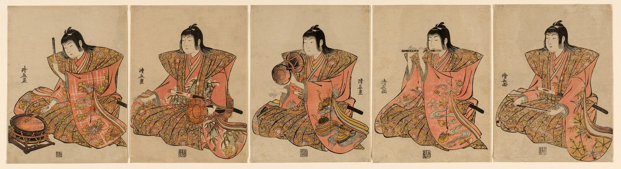 Pięciu muzyków (Gonin bayashi) autorstwa Torii Kiyonaga