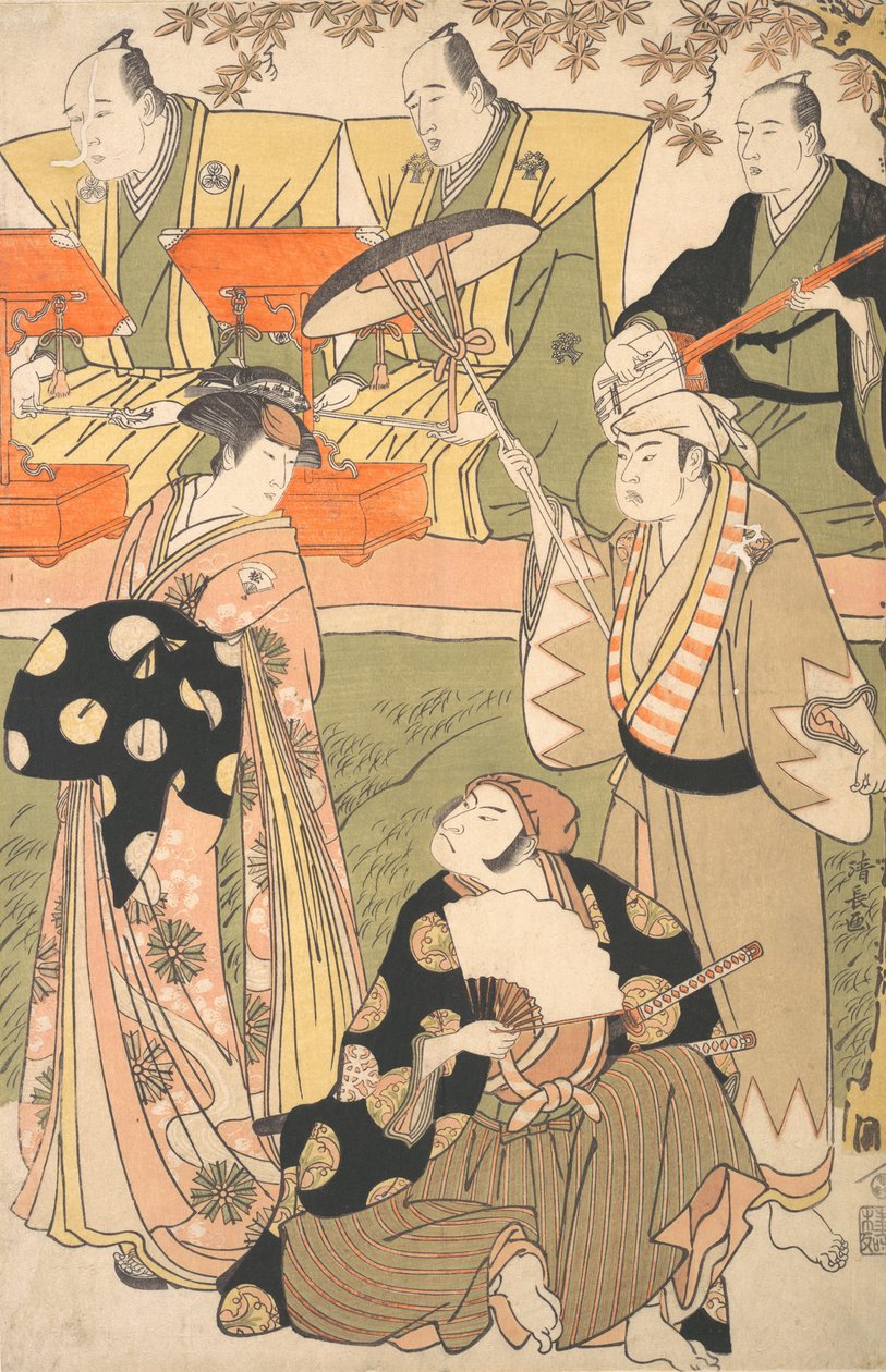 Scena teatralna z muzykami. autorstwa Torii Kiyonaga