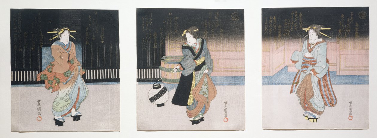 Tryptyk gejsza nocą, 1818-30 (drewnoryt) autorstwa Toyokuni II