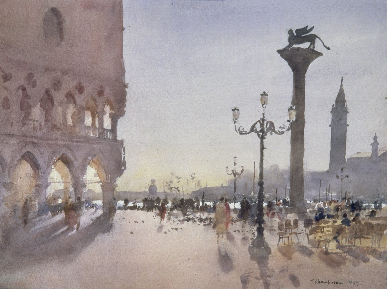 Wczesny poranek, Piazzetta, Wenecja, 1989 (wc na papierze) autorstwa Trevor Chamberlain