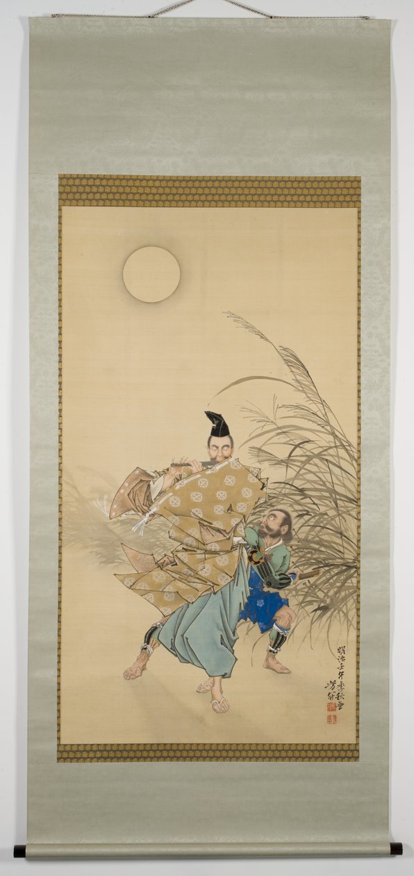 Fujiwara no Yasumasa Playing the Flute by Moonlight, późna jesień, 1882 (tusz, kolor, lakier, srebro i złoto na jedwabiu) autorstwa Tsukioka Yoshitoshi