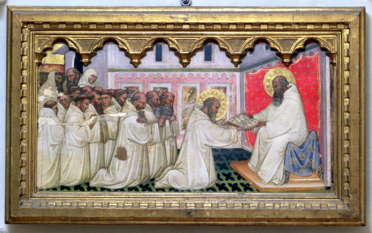 Św. Benedykt przekazuje Regułę Nowego Zakonu mnichom z Monte Cassino (tempera na panelu) autorstwa Turino Vanni
