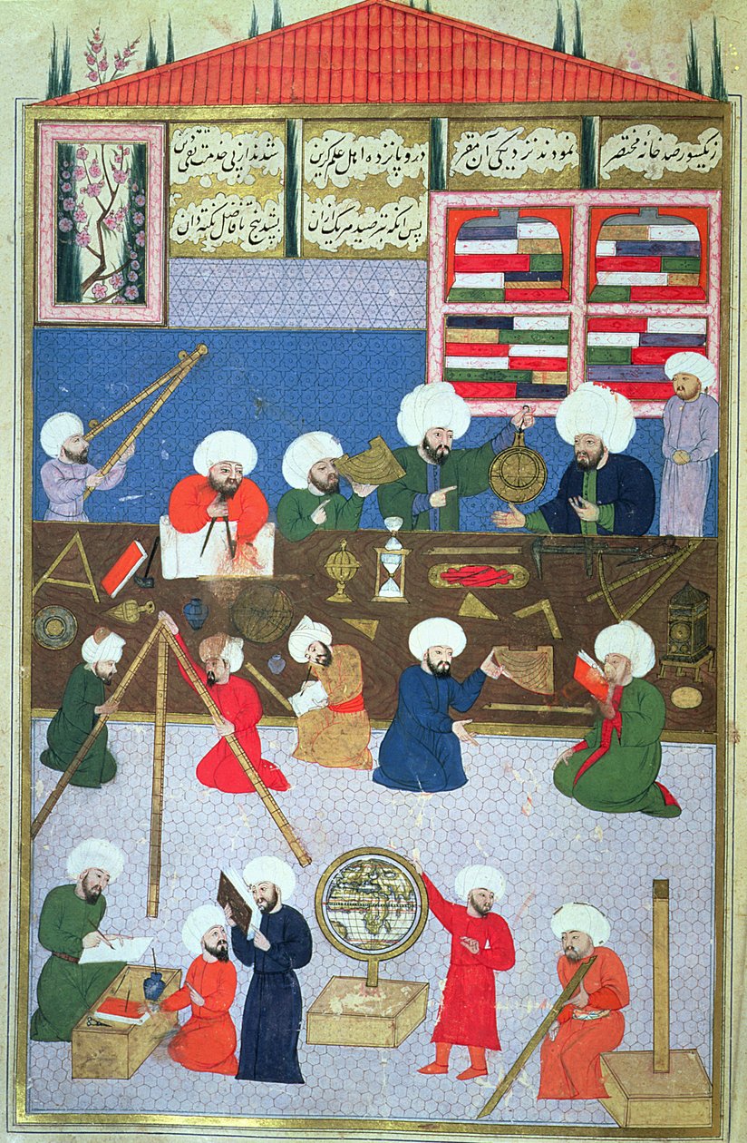 FY 1404 Takyuddin i inni astronomowie w obserwatorium Galata założonym w 1557 przez sułtana Sulejmana, z Sehinsahname of Murad III, c.1581 autorstwa Turkish School