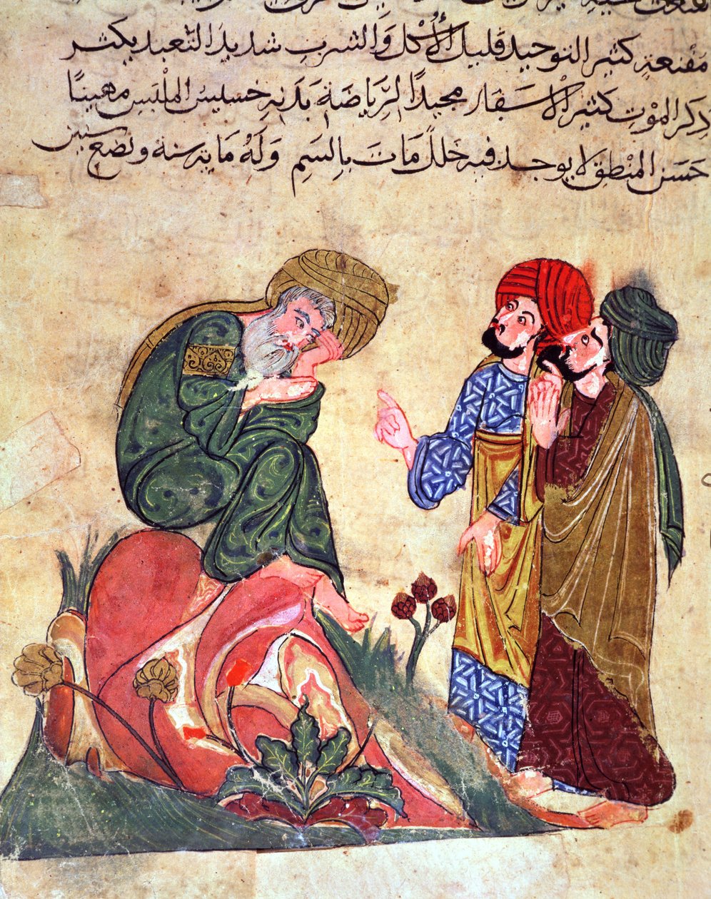 Sokrates (470-399 p.n.e.) i jego uczniowie, ilustracja z "Kitab Mukhtar al-Hikam wa-Mahasin al-Kilam" autorstwa Al-Mubashira (pióro, tusz i gwasz na papierze) autorstwa Turkish School