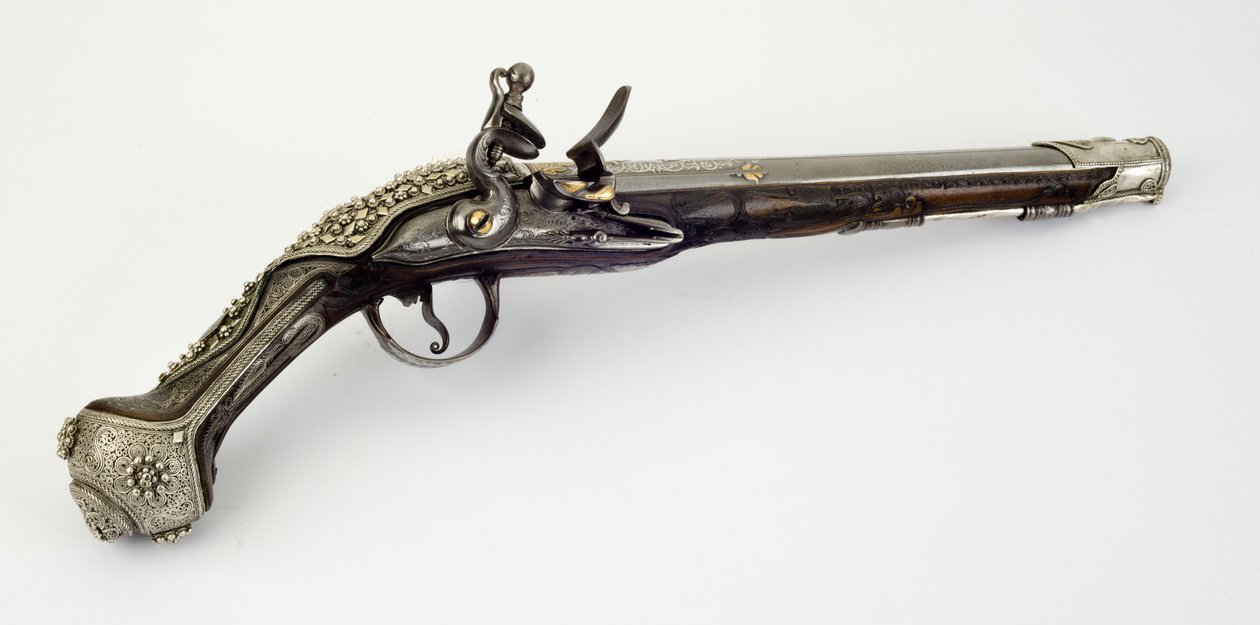 Pistolet flintlock (stal, drewno, srebro i złoto) autorstwa Turkish School