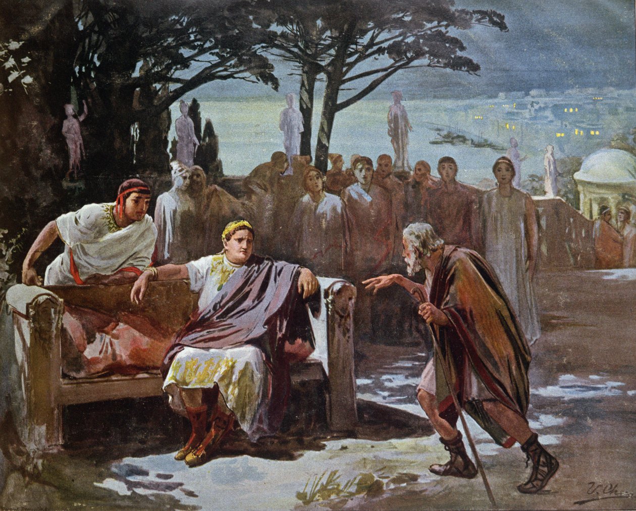 Chilon oskarżający chrześcijan o wzniecenie pożaru w Rzymie, ilustracja z „Quo vadis” Henryka Sienkiewicza (1846-1916) c.1910 autorstwa Ulpiano Checa y Sanz