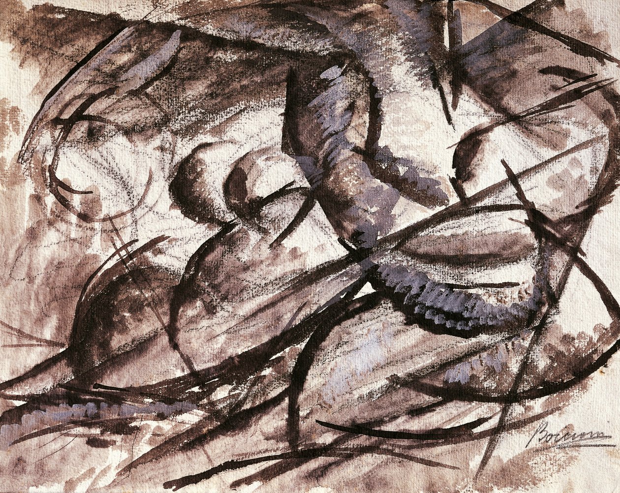 Dynamizm (węgiel, tusz, tempera i akwarela) autorstwa Umberto Boccioni
