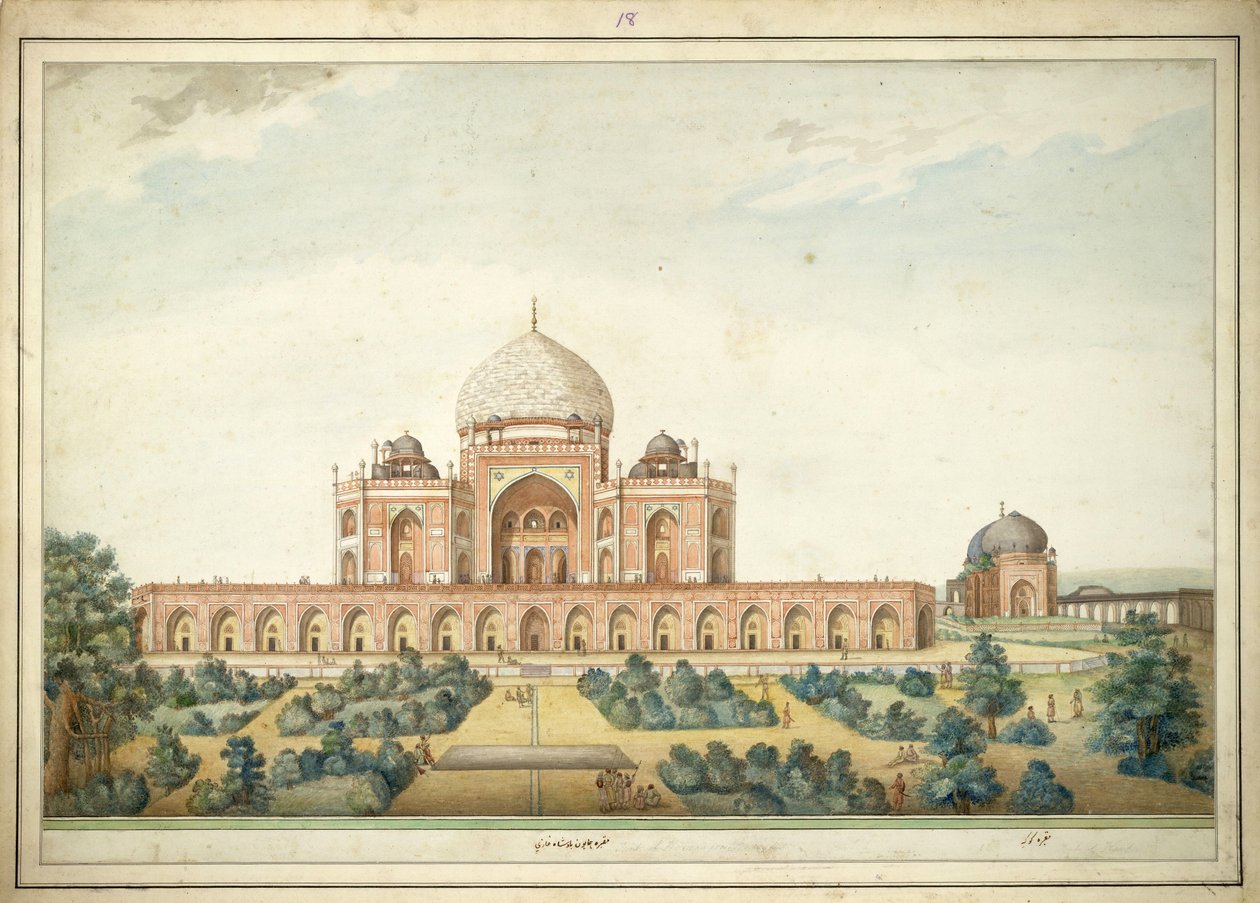 Mauzoleum Humajuna, Delhi, w 1820 r. Farba wodna w stylu Agra, wykonana przez artystę z Delhi. Na przodzie napis: autorstwa Unbekannt Unbekannt
