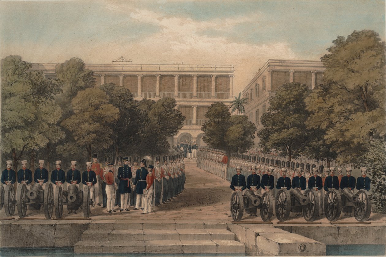 Wojska brytyjskie w brytyjskiej fabryce w Kantonie przygotowują się do przyjęcia Imperial High Commissioner i Viceroy Keying. autorstwa Unbekannt Unbekannt