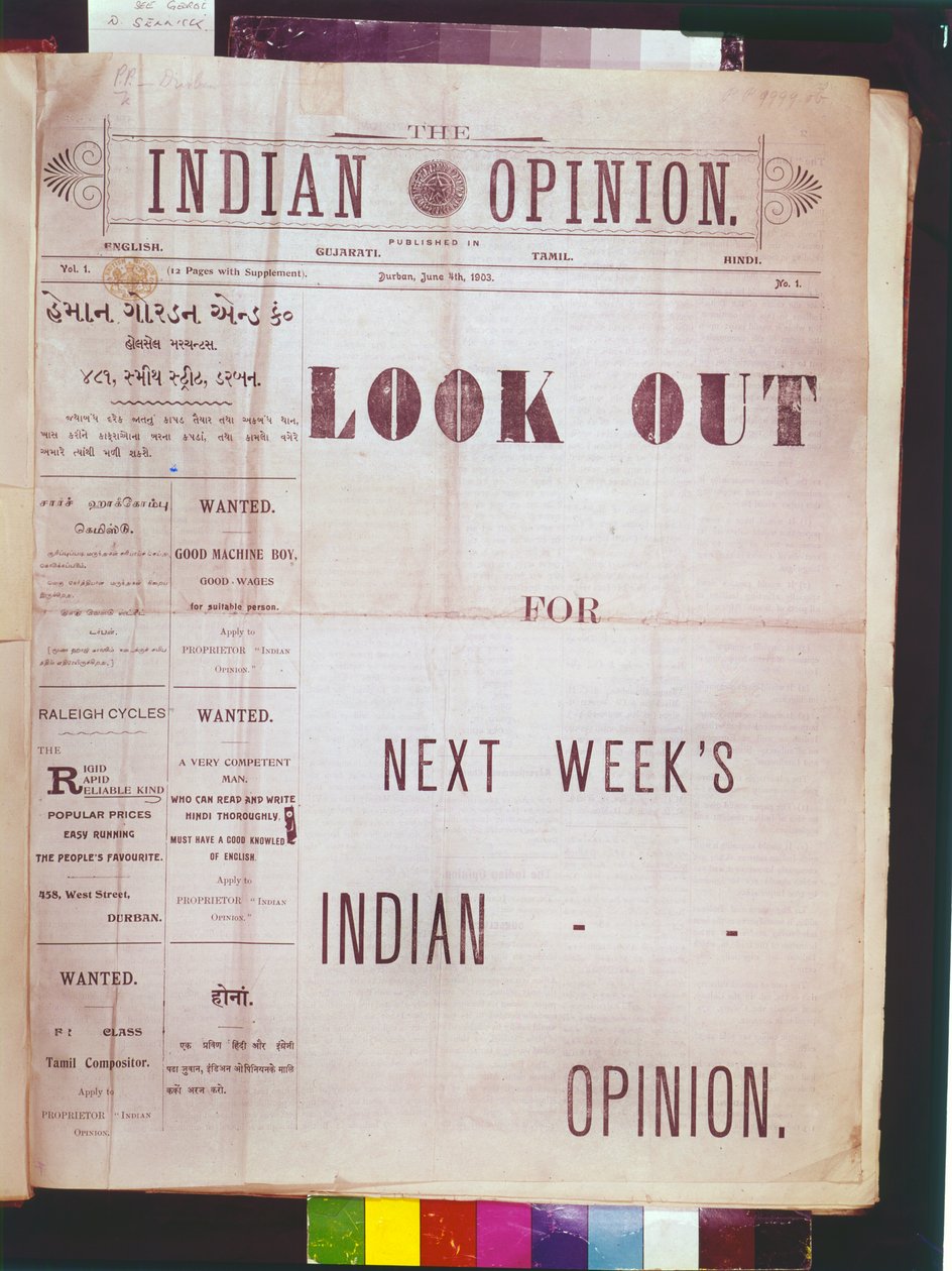 Strona tytułowa pierwszego numeru „The Indian Opinion”, 4 czerwca 1903 r. (newsprint) autorstwa Unbekannt Unbekannt