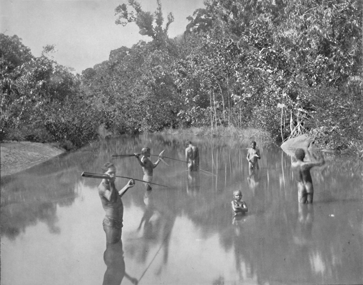 Australijscy Aborygeni Spearing Fish, XIX wiek autorstwa Unbekannt