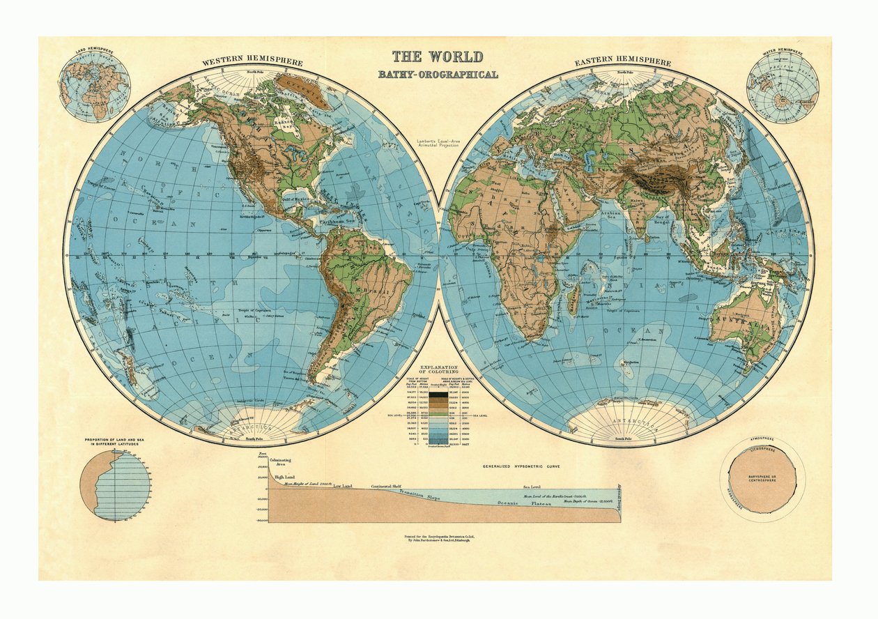 Batyowo-Orograficzna Mapa Świata, ok. 1920 r. autorstwa Unbekannt