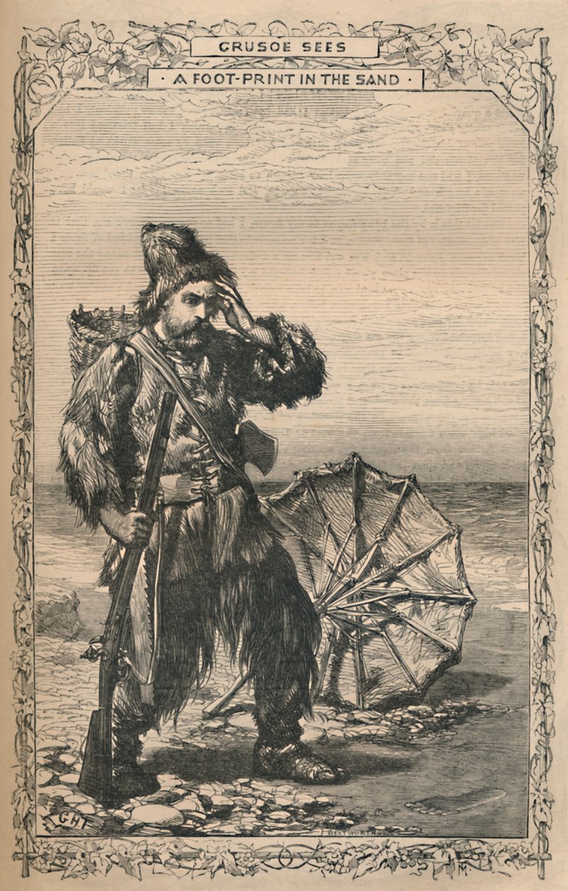 Crusoe widzi odcisk stopy na piasku, ok. 1870 r autorstwa Unbekannt