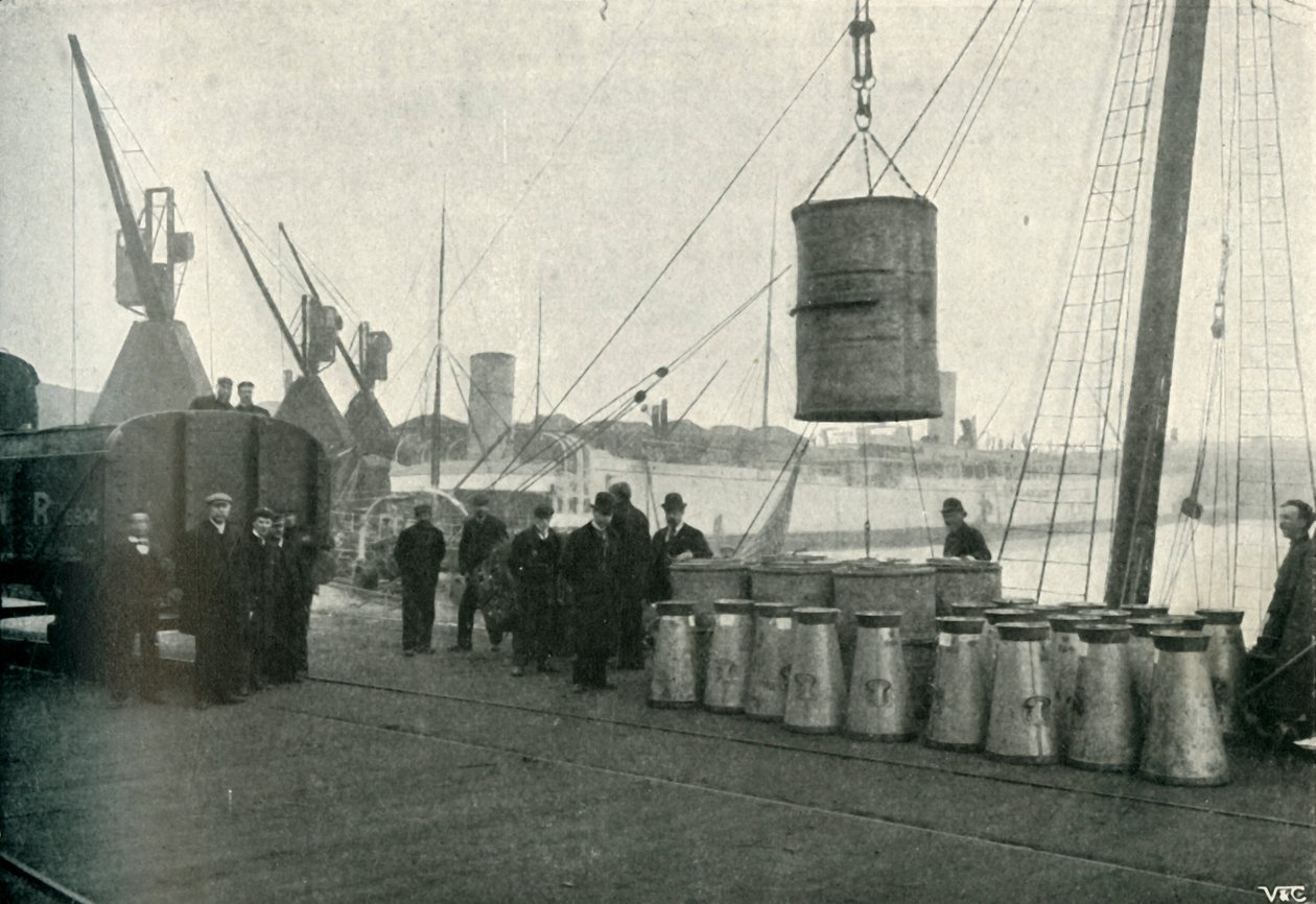 Wyładowywanie francuskiego mleka w Southampton, 1902. autorstwa Unbekannt
