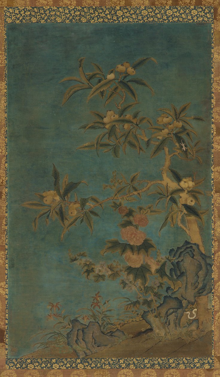 Gobelin: drzewa owocowe i malwy, dynastia Ming, 1368-1644. autorstwa Unbekannt