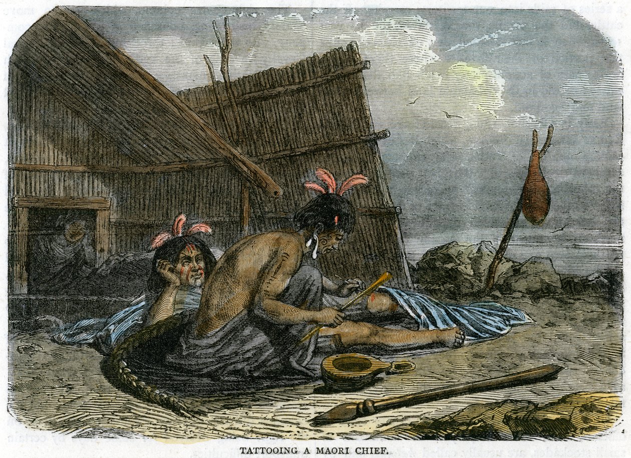 Tatuowanie wodza Maorysów, Nowa Zelandia, ok. 1875 r. autorstwa Unbekannt