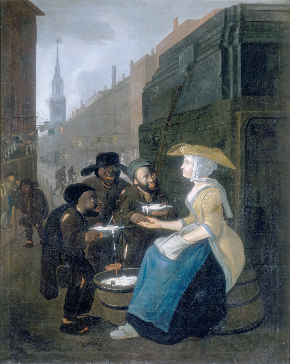 „Sprzedawca twarogu i serwatki, Cheapside”, c1730 autorstwa Unbekannt