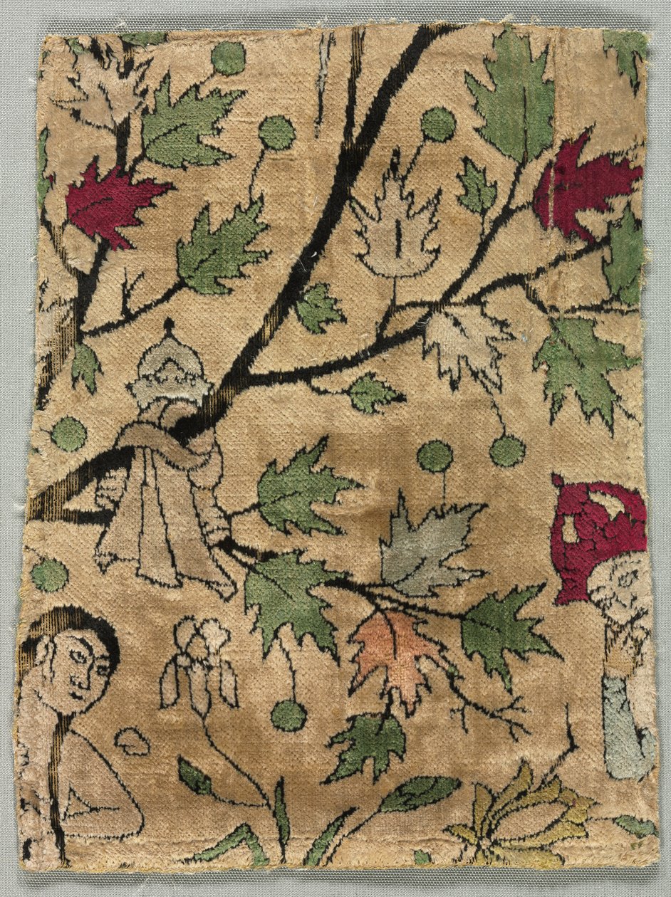 Aksamitny fragment, Khusrau widzi kąpiel Shirin, 1550-99. autorstwa Unbekannt