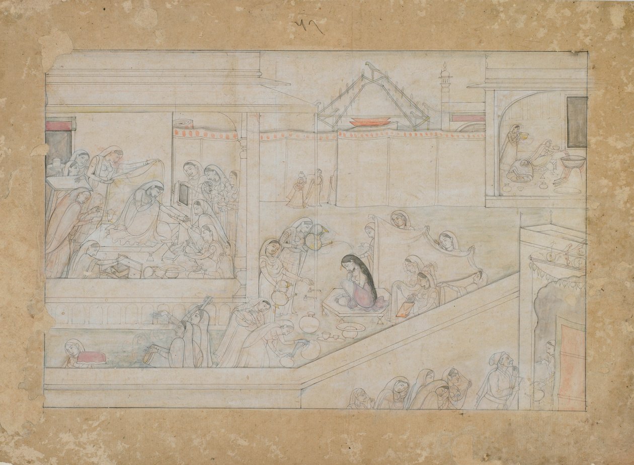 Przygotowania ślubne: folio z serii Nala-Damayanti, 1775-1800. autorstwa Unbekannt