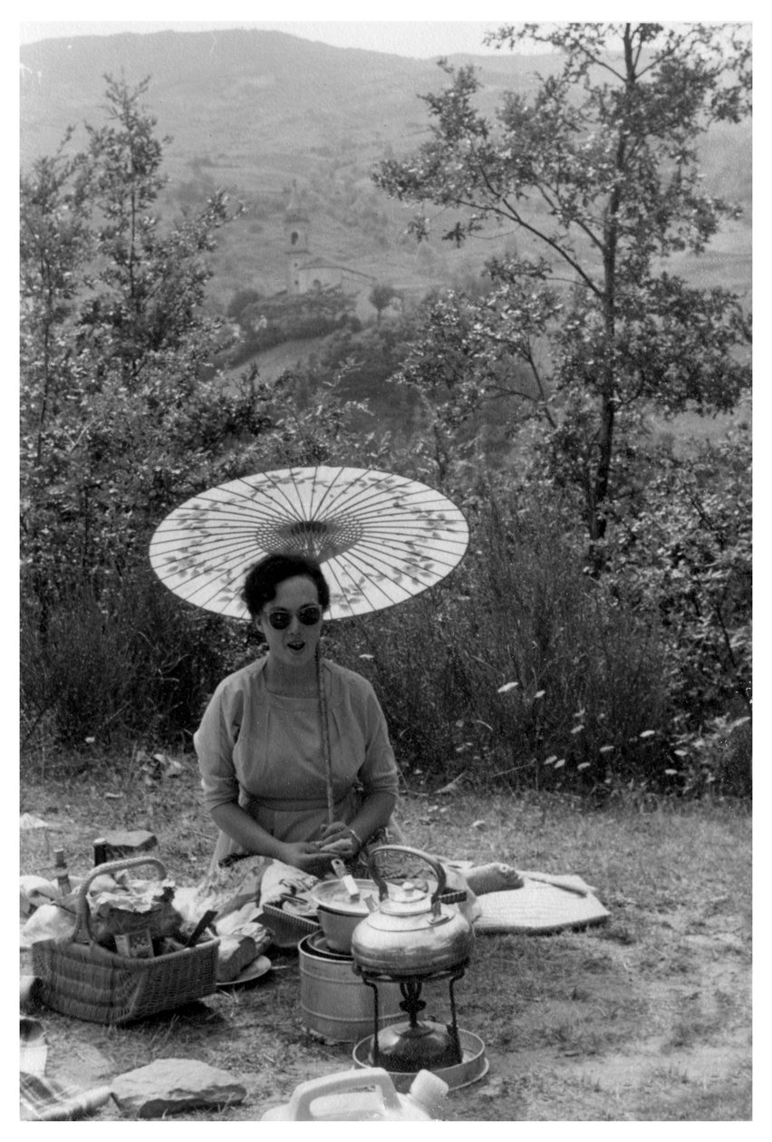 Kobieta pod parasolką na pikniku, ok. 1950-1969 autorstwa Unbekannt