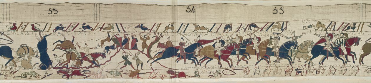 Normanowie i Anglicy padają obok siebie, a biskup Odo gromadzi Normanów, Bayeux Tapestry autorstwa Unbekannt Unbekannt