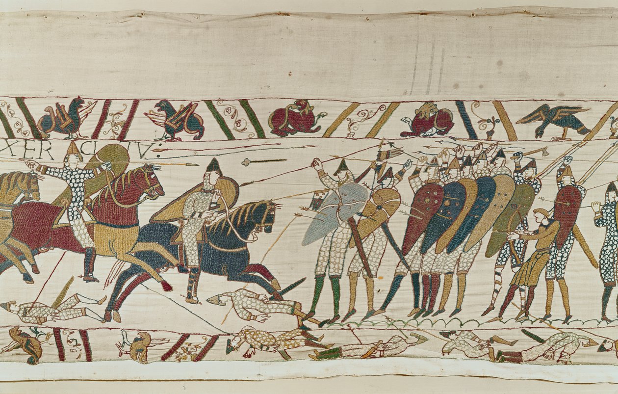 Do bitwy dołącza kawaleria normańska atakująca angielską ścianę tarczy, Bayeux Tapestry autorstwa Unbekannt Unbekannt