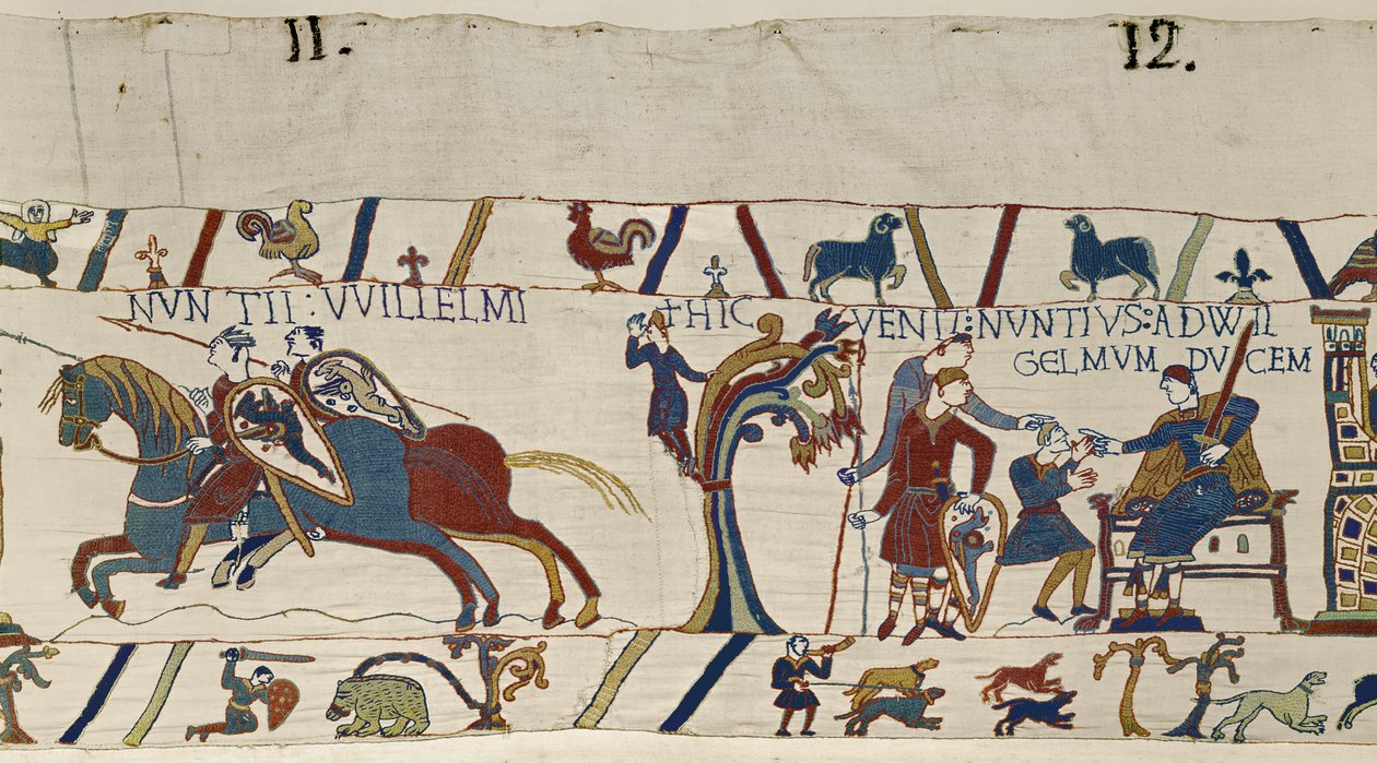 Uzbrojeni jeźdźcy z księcia Williama przybywają, aby eskortować Harolda do niego, Bayeux Tapestry autorstwa Unbekannt Unbekannt