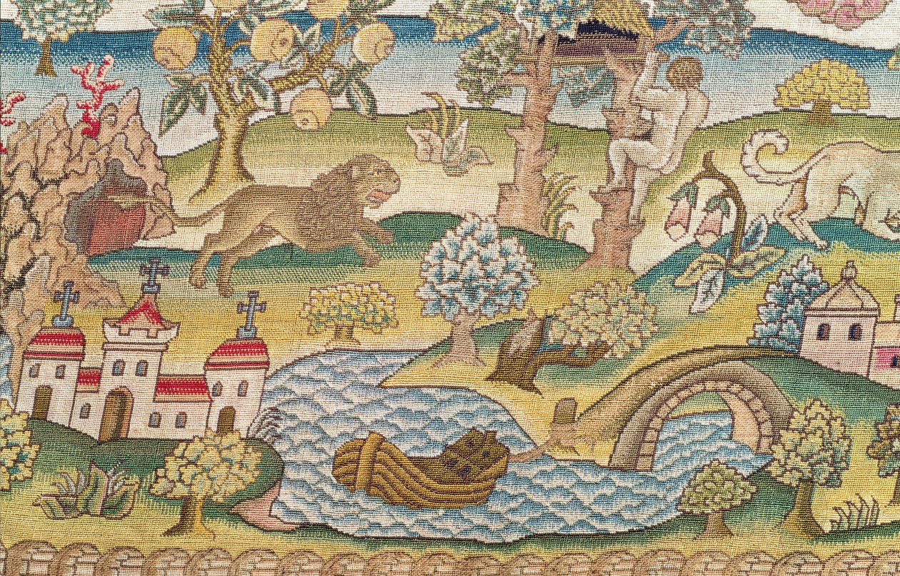 Bradford Table Carpet, fragment lwa goniącego człowieka w górę drzewa, angielski, koniec XVI w. autorstwa Unbekannt Unbekannt