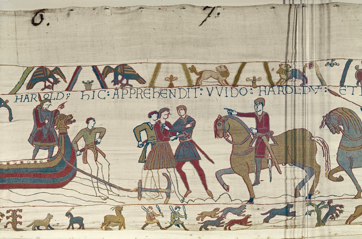 Hrabia Guy z Ponthieu chwyta Harolda, gdy ten ląduje w Normandii, Bayeux Tapestry autorstwa Unbekannt Unbekannt