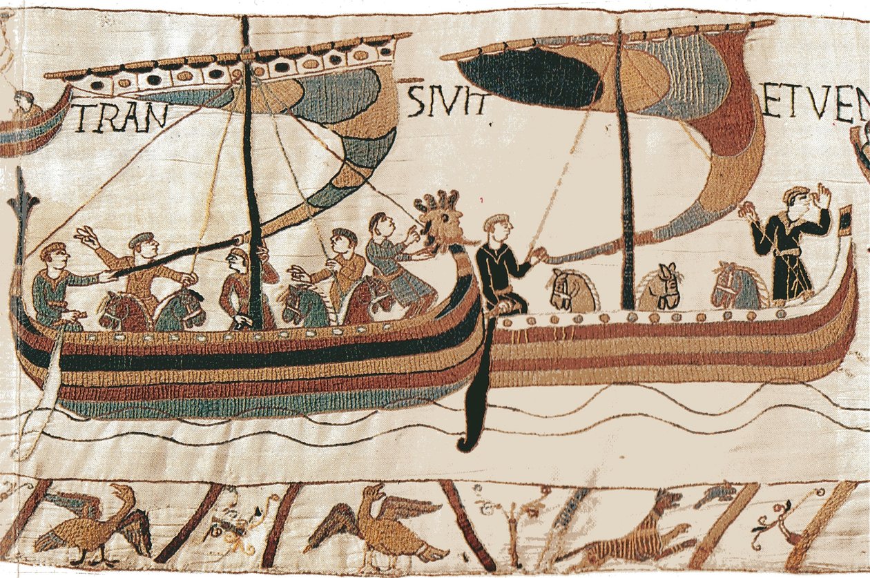 Książę William i flota inwazyjna Normanów przekraczają kanał, Bayeux Tapestry autorstwa Unbekannt Unbekannt
