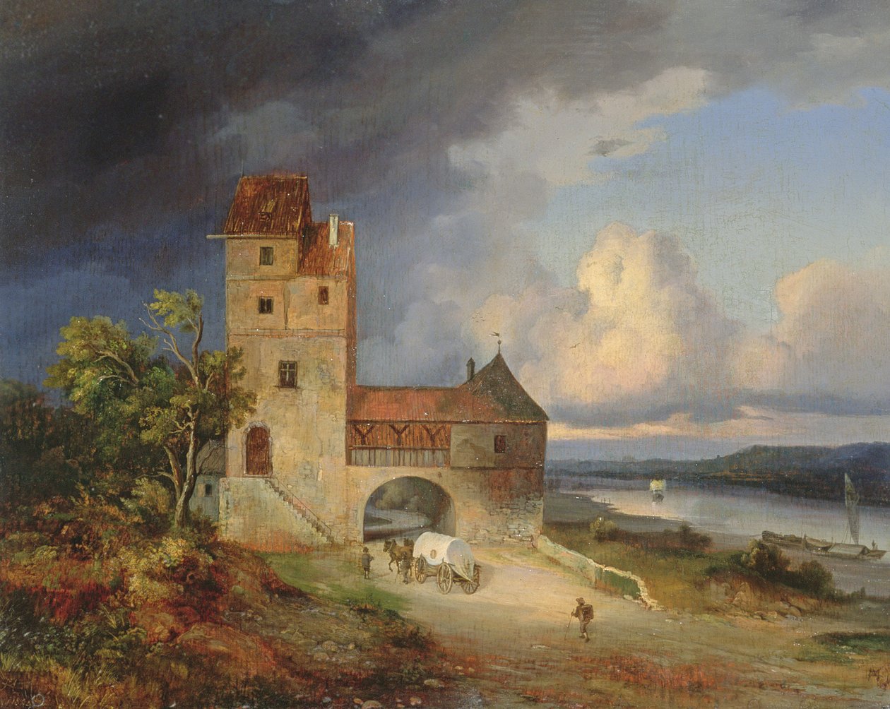 Krajobraz nad rzeką z wieżą i bramą, 1844 autorstwa Unbekannt Unbekannt