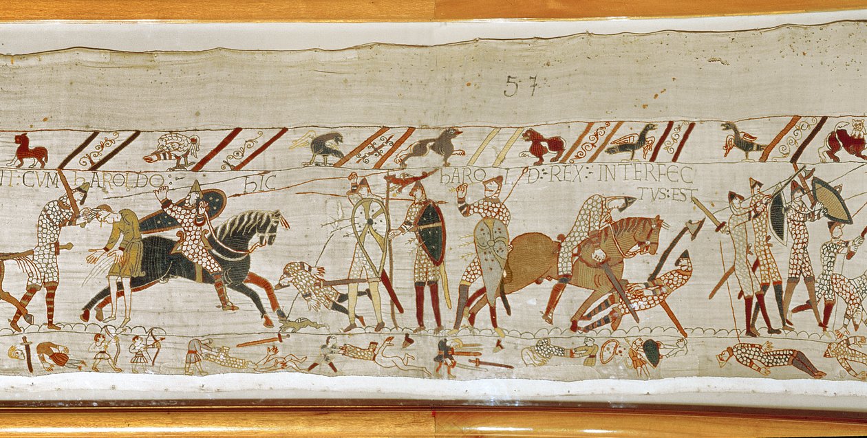 Wielu ginie w bitwie, a król Harold ginie, Bayeux Tapestry autorstwa Unbekannt Unbekannt