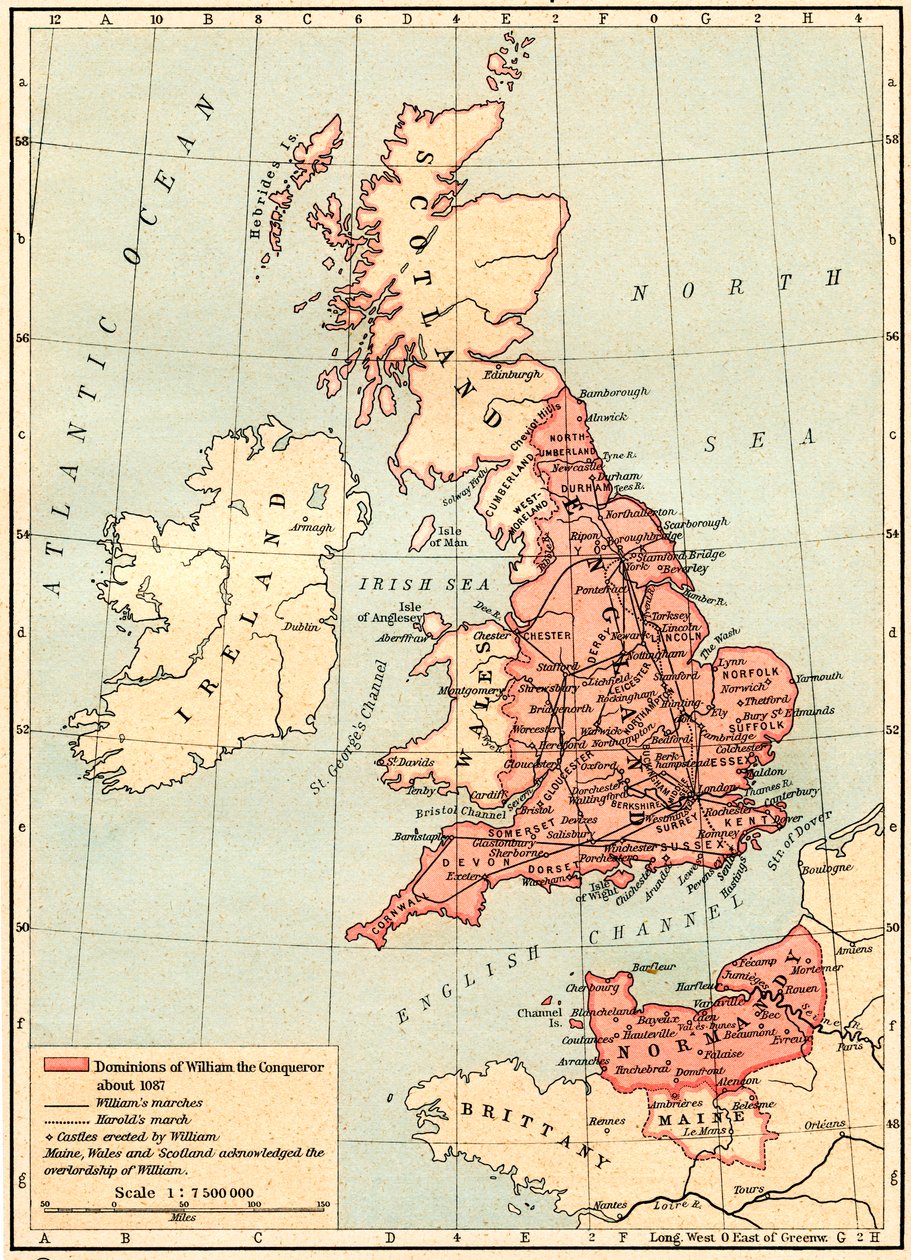 Mapa Wielkiej Brytanii z dominiami Wilhelma Zdobywcy, ok. 1087, z Atlasu Historycznego, wydana w 1923 autorstwa Unbekannt Unbekannt