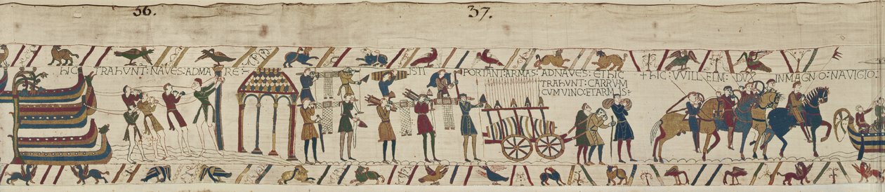 Normanowie niosący broń na statki i ciągnący wózek załadowany winem i bronią, Bayeux Tapestry autorstwa Unbekannt Unbekannt