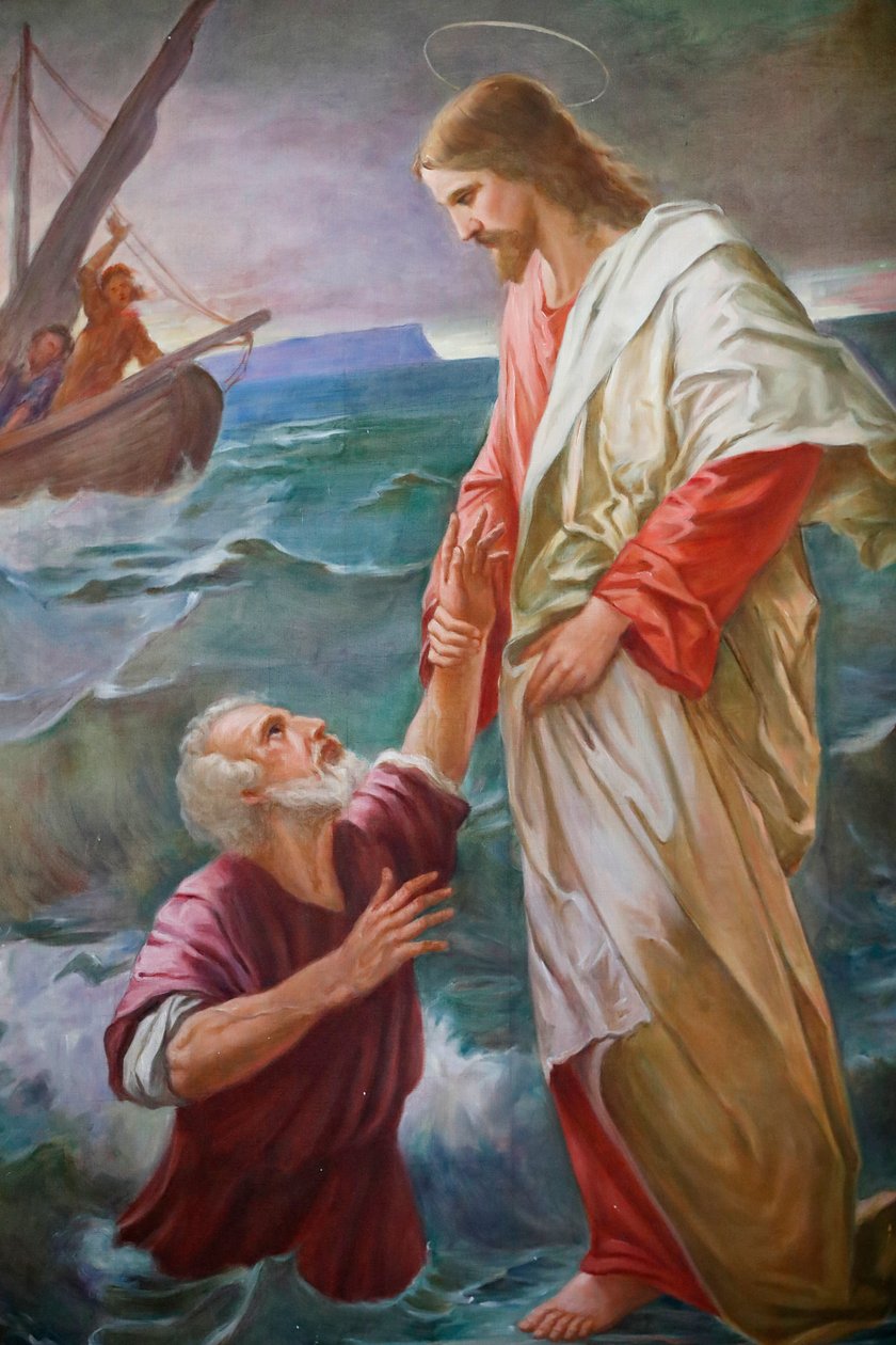 Kościół Saint-Grat, Malarstwo, Piotr szedł po wodzie w kierunku Jezusa, ale przestraszył się i zaczął tonąć, a Jezus go uratował, Valgrisenche, Włochy autorstwa Unbekannt Unbekannt