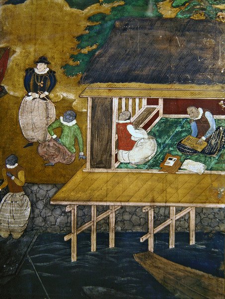 Przybycie Portugalczyków do Japonii, fragment domu na palach, z ekranu Namban Byobu, 1594-1618 autorstwa Unbekannt Unbekannt