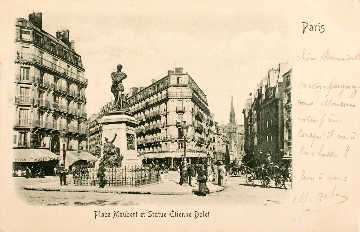 Pocztówka/miejsce Maubert/statua Etienne Dolet/Paryż/Seine/Ile de France/Francja autorstwa William M. Timlin