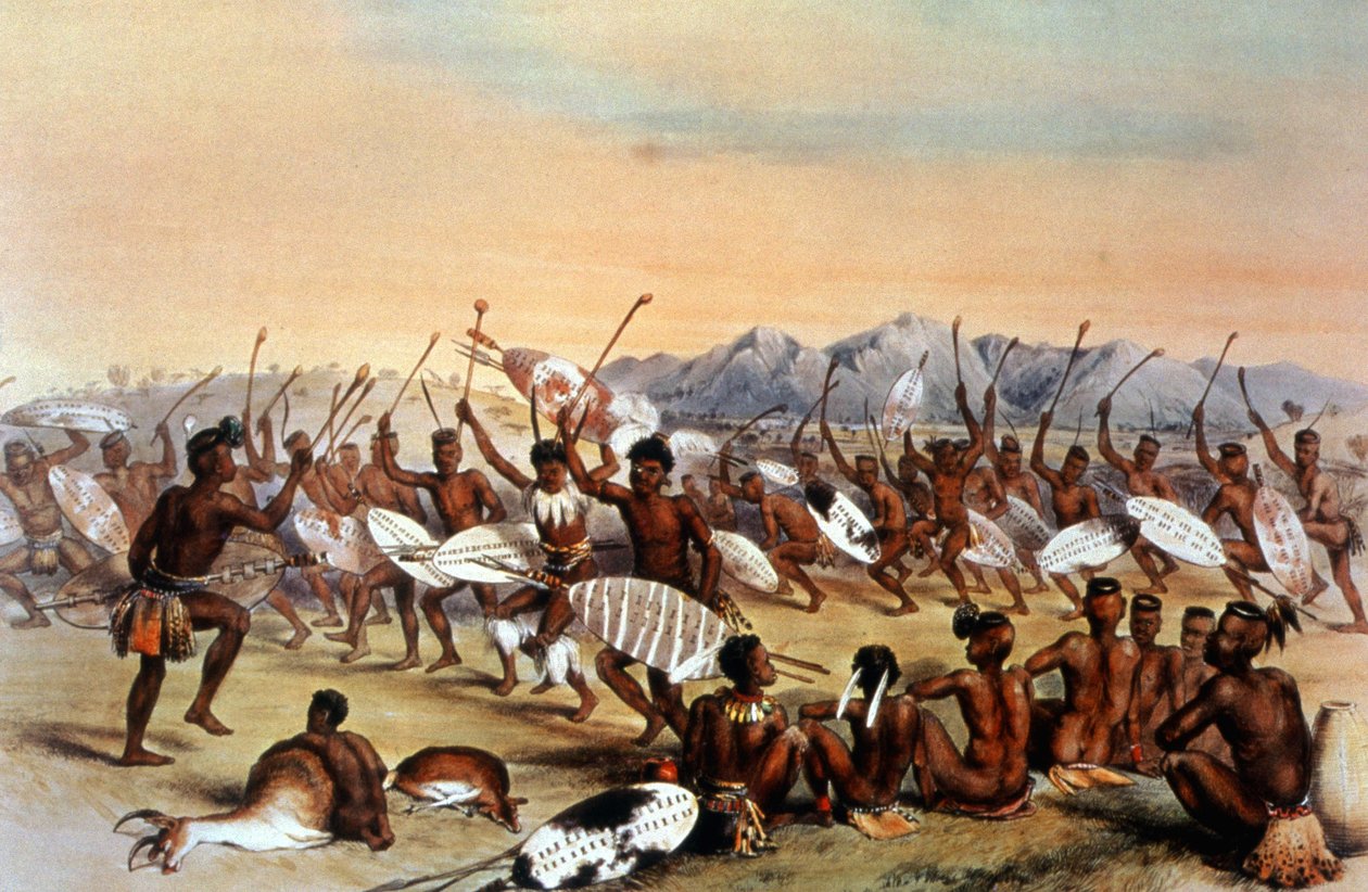 Zuluski taniec myśliwski, ok. 1848-1849 (rycina) autorstwa Unbekannter Künstler