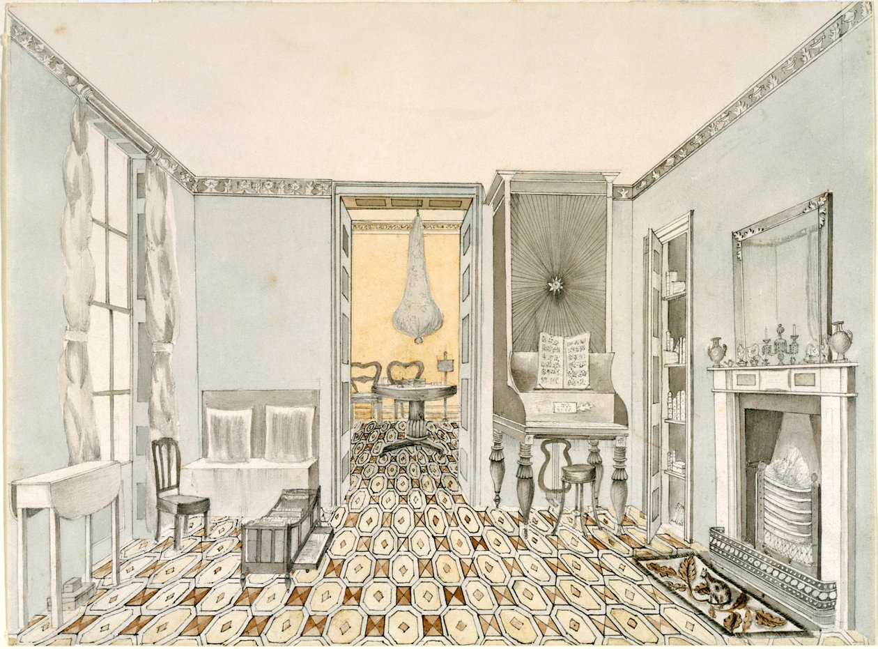 Widok salonu, ok. 1835-40 (ołówek, atrament i wc na papierze) autorstwa Unbekannt Unbekannt
